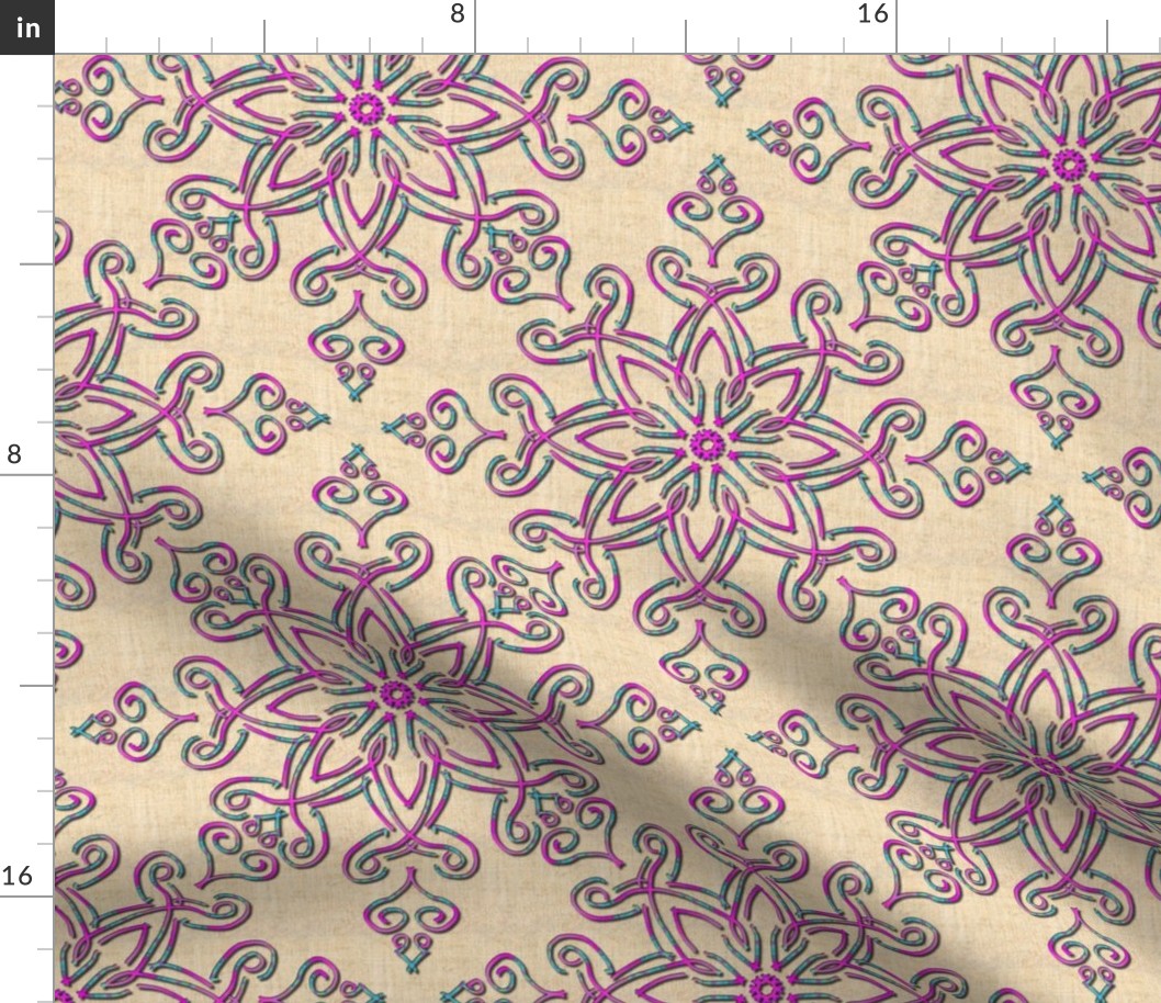 Filigree Kaleidoscope in Pink and Turquoise on Linen Look