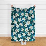 Messy Painted White Blooms on Dark Blue and Green - large scale