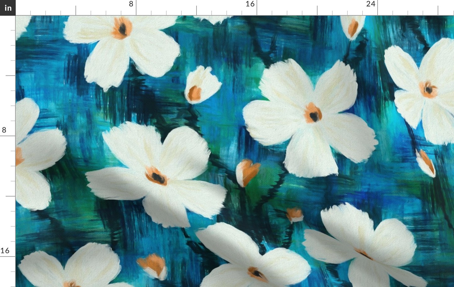 Messy Painted White Blooms on Dark Blue and Green - large scale
