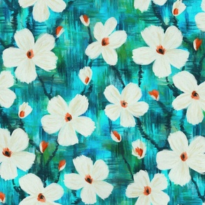 Messy Painted White Blooms on Turquoise and Green - large scale