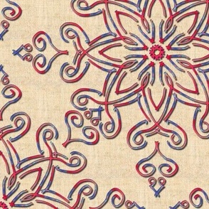 Filigree Kaleidoscope in Red and Blue on Linen Look