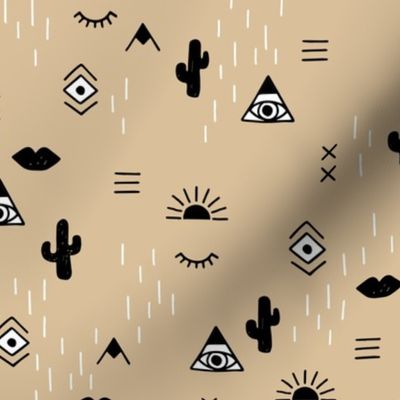 Western freehand sunrise with mountains aztec details cacti and indian summer elements black and white on camel beige