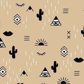 Western freehand sunrise with mountains aztec details cacti and indian summer elements black and white on camel beige