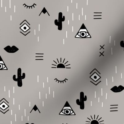 Western freehand sunrise with mountains aztec details cacti and indian summer elements black and white on gray