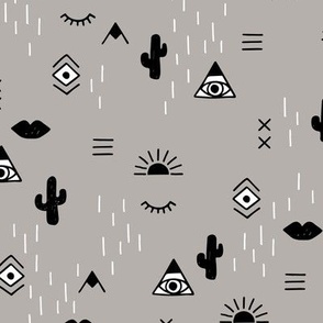 Western freehand sunrise with mountains aztec details cacti and indian summer elements black and white on gray