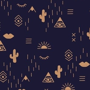 Western freehand sunrise with mountains aztec details cacti and indian summer elements golden ochre on navy blue night