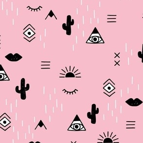 Western freehand sunrise with mountains aztec details cacti and indian summer elements black and white on pink girls