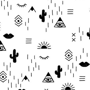 Western freehand sunrise with mountains aztec details cacti and indian summer elements black and white monochrome