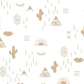 Western freehand sunrise with mountains aztec details cacti and indian summer elements soft ochre mustard beige on white
