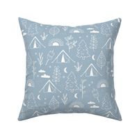 Good morning sunshine sweet boho camping adventures forest trees leaves and marshmallows midnight white on pastel white on cool blue LARGE