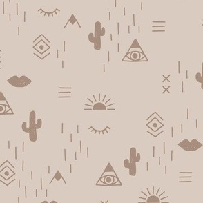 Western freehand sunrise with mountains aztec details cacti and indian summer elements caramel on beige brown vintage seventies palette