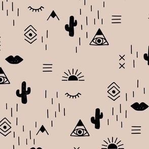 Western freehand sunrise with mountains aztec details cacti and indian summer elements black on beige brown vintage seventies palette