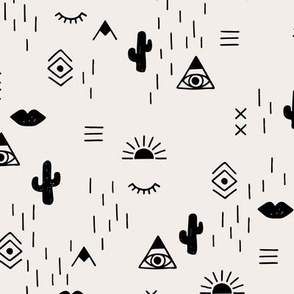 Western freehand sunrise with mountains aztec details cacti and indian summer elements black on ivory