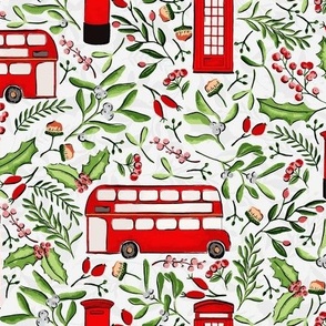 Festive Christmas Season in London, London bus, London telephone, London mailbox on light medium 