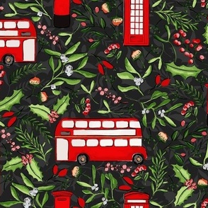 Festive Christmas Season in London London bus, London telephone, London mailbox on dark