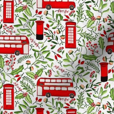 Festive Christmas Season in London, London bus, London telephone, London mailbox on light small