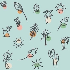 Palm, Cactus, Sunshine Line Art on a Light Blue Background with Colorful Accents