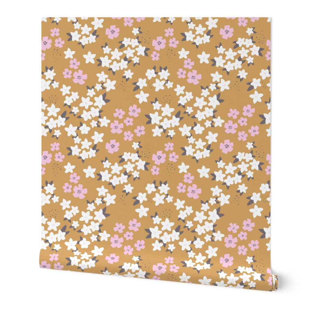 Hawaii garden field of flowers jasmin and orchid blossom boho nursery white pink charcoal on mustard yellow ochre