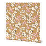 Hawaii garden field of flowers jasmin and orchid blossom boho nursery white pink charcoal on mustard yellow ochre
