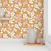 Hawaii garden field of flowers jasmin and orchid blossom boho nursery white pink charcoal on mustard yellow ochre