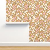 Hawaii garden field of flowers jasmin and orchid blossom boho nursery white pink charcoal on mustard yellow ochre