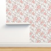 Hawaii garden field of flowers jasmin and orchid blossom boho nursery white pink gray on sand beige