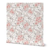 Hawaii garden field of flowers jasmin and orchid blossom boho nursery white pink gray on sand beige