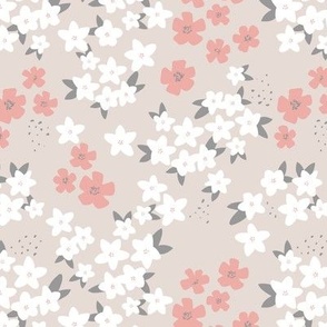 Hawaii garden field of flowers jasmin and orchid blossom boho nursery white pink gray on sand beige