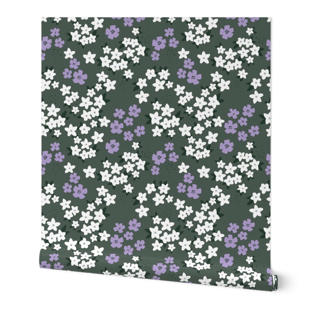 Hawaii garden field of flowers jasmin and orchid blossom boho nursery white lilac on green