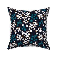 Hawaii garden field of flowers jasmin and orchid blossom boho nursery white teal blue rust on deep navy blue