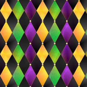 Mardi Gras Harlequin Argyle -- Mardi Gras Gold, Purple, Green Diamonds over Black -- 418dpi (36% of Full Scale) -- 7.54in x 9in repeat