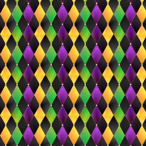 Mardi Gras Harlequin Argyle -- Mardi Gras Gold, Purple, Green Diamonds over Black -- 751dpi (20% of Full Scale) -- 4.2in x 5.01in repeat