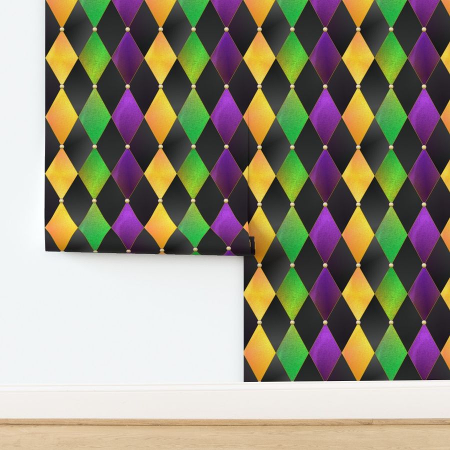 Mardi Gras Harlequin Argyle -- Mardi Gras Gold, Purple, Green Diamonds over Black -- 901dpi (17% of Full Scale) -- 3.5in x 4.18in repeat