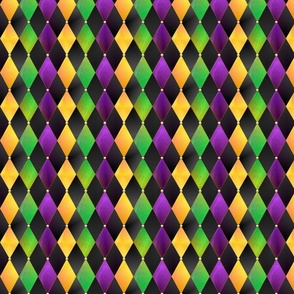 Mardi Gras Harlequin Argyle -- Mardi Gras Gold, Purple, Green Diamonds over Black -- 901dpi (17% of Full Scale) -- 3.5in x 4.18in repeat