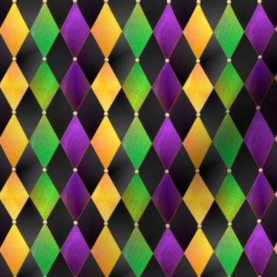 Mardi Gras Harlequin Argyle -- Mardi Gras Gold, Purple, Green Diamonds over Black -- 1202dpi (13% of Full Scale) -- 2.63in x 3.13in repeat