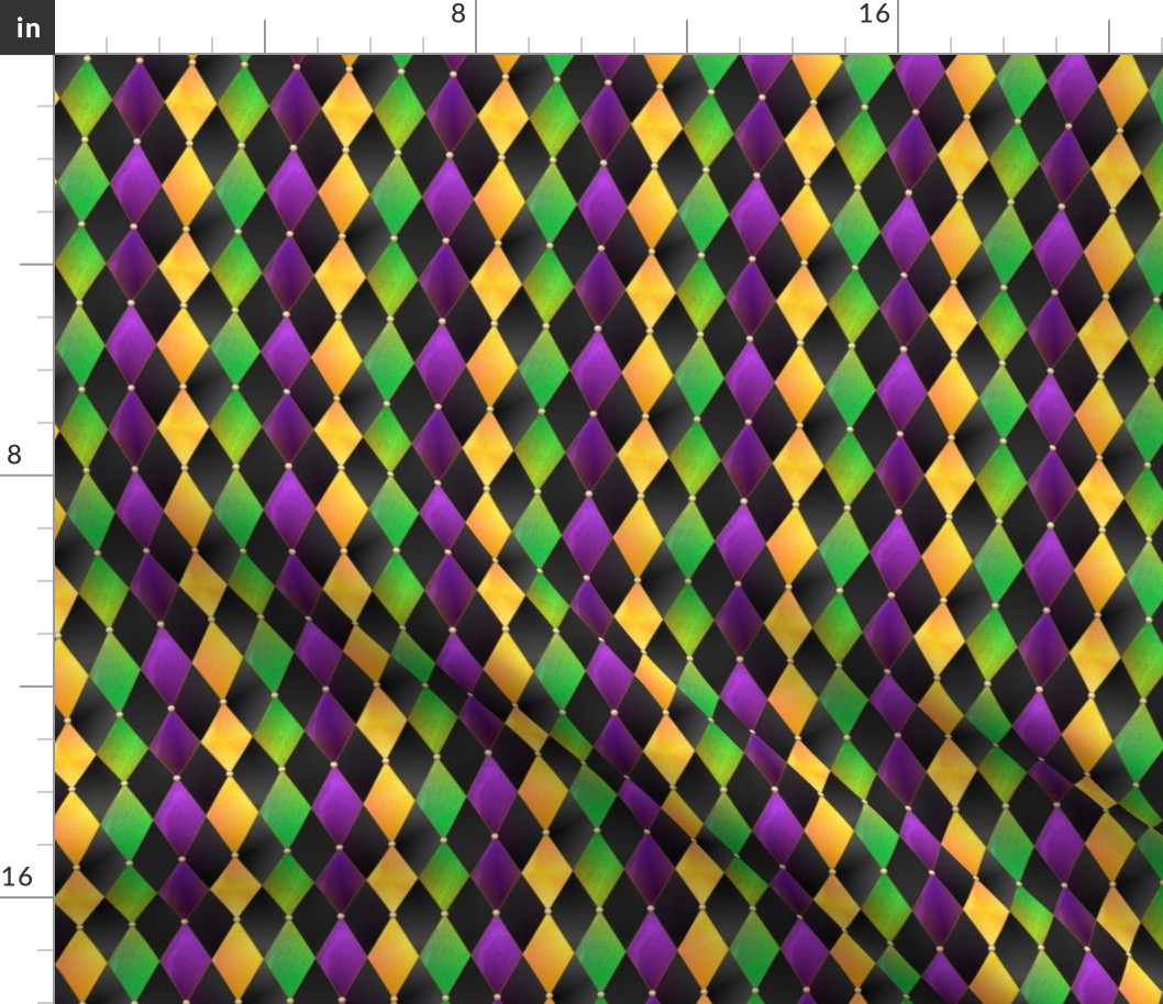 Mardi Gras Harlequin Argyle -- Mardi Gras Gold, Purple, Green Diamonds over Black -- 1202dpi (13% of Full Scale) -- 2.63in x 3.13in repeat