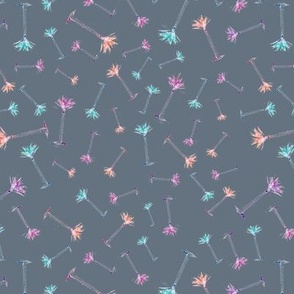 Hand-drawn Tropical Palm Trees in Pink and Blue on a Denim Blue Background