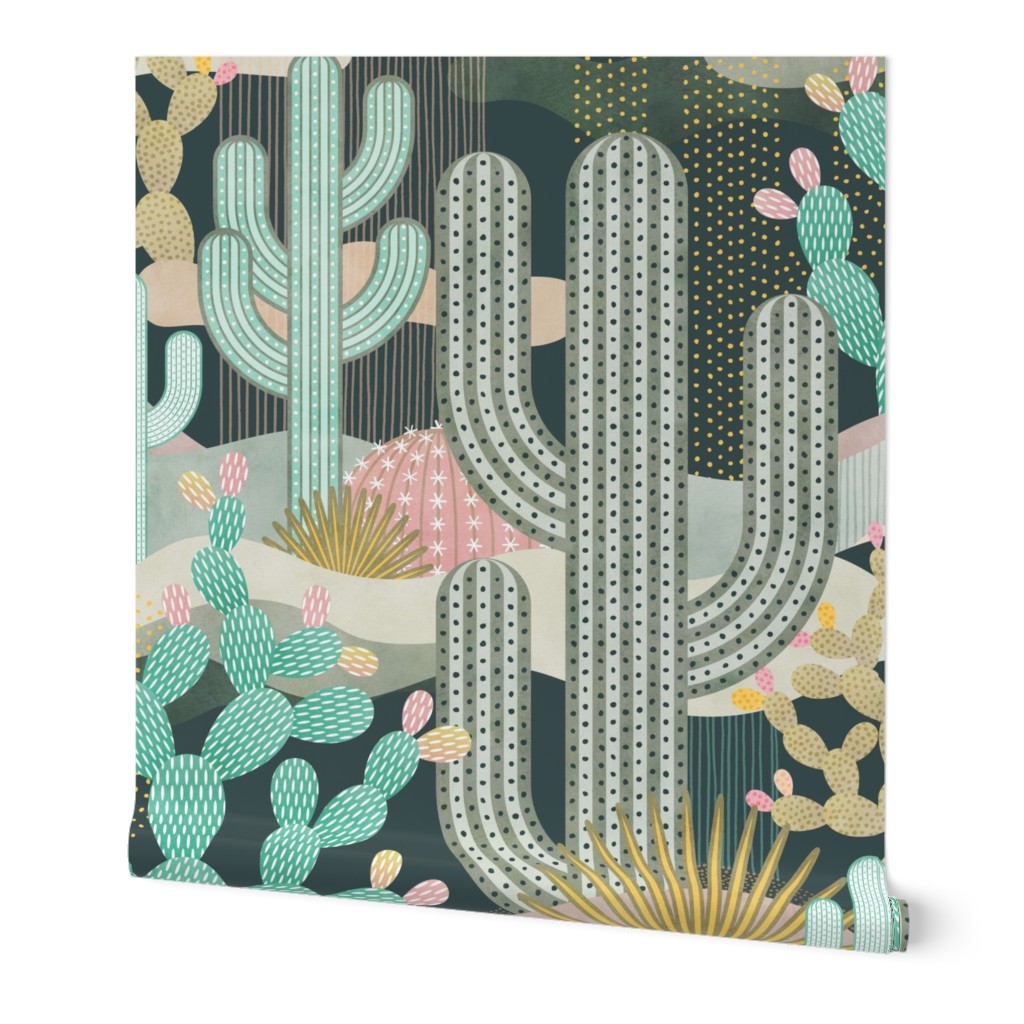 Palm Springs Garden Vintage Colors on Dark Background- California Desert- Colorful Cactus- Saguaro- Geometric Cacti Extra Large