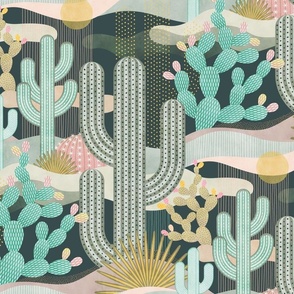Palm Springs Garden Vintage Colors on Dark Background- California Desert- Colorful Cactus- Saguaro- Geometric Cacti Medium