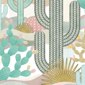 Palm Springs Garden Vintage Colors on White Background- California Desert- Colorful Cactus- Saguaro- Geometric Cacti White Background Large