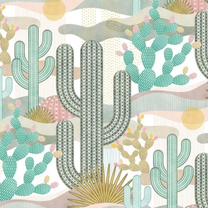 Palm Springs Garden Vintage Colors on White Background- California Desert- Colorful Cactus- Saguaro- Geometric Cacti White Background Medium