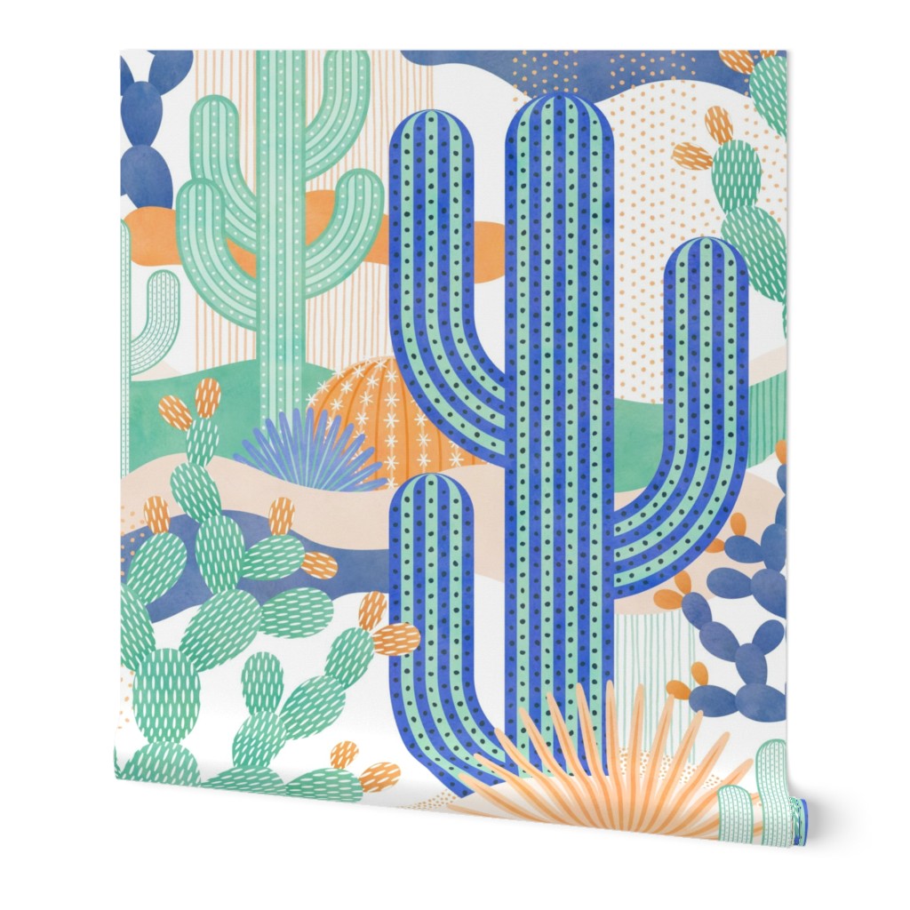 Desert Landscape White Background Extra Large- Colorful Cactus- Saguaro- Geometric Cacti