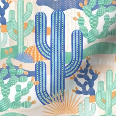 Desert Landscape White Background Small- Colorful Cactus- Saguaro- Geometric Cacti 