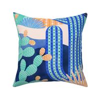 Desert Landscape Blue Background Extra Large- Colorful Cactus- Saguaro- Geometric Cacti 