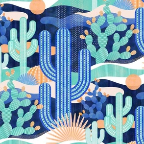 Desert Landscape Blue Background Medium- Colorful Cactus- Saguaro- Geometric Cacti 