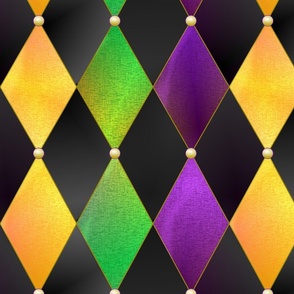 Mardi Gras Harlequin Argyle -- Mardi Gras Gold, Purple, Green Diamonds over Black -- 225dpi (67% of Full Scale) -- 14in x 16.71in repeat