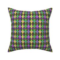  Mardi Gras Sayings Harlequin Argyle --  Mardi Gras Phrases over Green, Gold,  Yellow and Purple Diamonds --  1200dpi (13% of Full Scale) -- 2.62in x 3.13in repeat