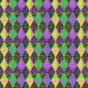 Mardi Gras Sayings Harlequin Argyle --  Mardi Gras Phrases over Green, Gold,  Yellow and Purple Diamonds --  600dpi (25% of Full Scale) -- 5.25in x 6.26in repeat 