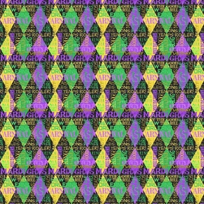 Mardi Gras Sayings Harlequin Argyle --  Mardi Gras Phrases over Green, Gold,  Yellow and Purple Diamonds --  750dpi (20% of Full Scale) -- 4.20in x 5.01in repeat 