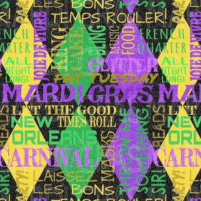 Mardi Gras Sayings Harlequin Argyle --  Mardi Gras Phrases over Green, Gold,  Yellow and Purple Diamonds --  225dpi (67% of Full Scale) -- 14.00in x 16.68in repeat